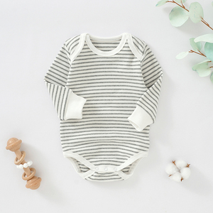 Baju monyet bayi rajutan uniseks baru lahir musim gugur persediaan ODM penutup kancing jepret kain katun motif garis lengan panjang - Product Image 3
