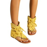 Sandales plates bohèmes à franges et lacets pour femmes, à bout ouvert, à la cheville haute, pour la plage et les vacances d'été
