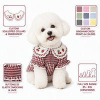 Robe personnalisée pour chien à carreaux vichy avec broderie cerise, vêtements pour animaux de compagnie smockés, col festonné, volants, vêtements pour chiots et chats, vente en gros OEM