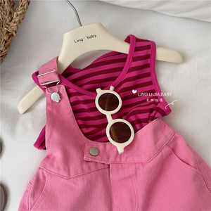 Girls Denim Overalls Set Striped Vest Two Piece Summer Cotton Outfit For Children - Product Image 2