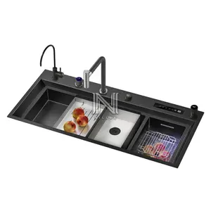 11550 Modern Design Black Nano Touch Screen Panel Double Bowl Hydro Smart Purification Waterfall Kitchen Sink With Dishwasher