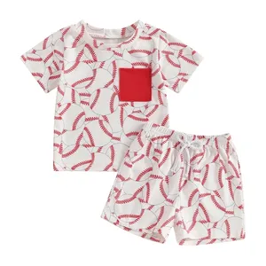 棒球足球运动数码图案夏季儿童学步婴儿服装套装定制女童男童服装套装制造商