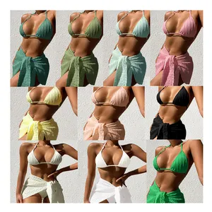 Latest Trend Customized 3 Piece Swimsuits With Cover Up Sarong Mesh Skirt Women Designer Bikinis Sets