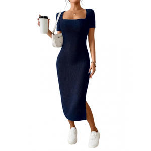 Vestido de Verano Nuevo a la Moda para Mujer, Cintura Imperio, Cuello Cuadrado, Sexy, Ajustado, a Rayas/Estampado, Midi, con Abertura, <span class=keywords><strong>Ropa</strong></span> de Mujer - Product Image 1