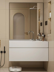 Meuble-lavabo mural moderne avec miroir sans cadre, vasque en céramique, design minimaliste, portes à fermeture douce - Product Image 1