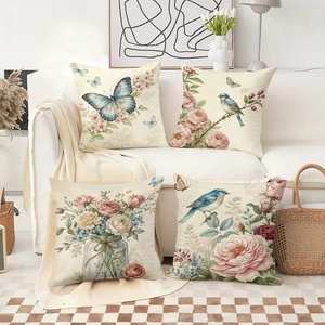 Bantal hias bermotif bunga dan burung bergaya vintage menghiasi sofa ruang tamu yang nyaman dengan kaus kaki Natal yang meriah di latar belakang. - Product Image 2