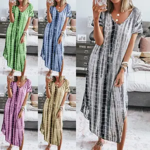 Summer Women Dresses Tie Dye Print Side Split Loose Long Dress Curved Hem V Neck Short Sleeve Maxi Dress EQ1069