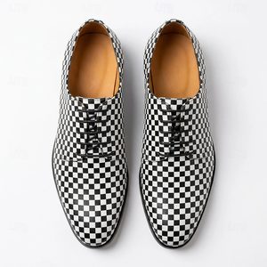 Zapatos Oxford de cuero genuino con diseño de tablero de ajedrez blanco y negro, con cordones, punta redonda y suela de goma, para hombre, para oficina, bodas y fiestas. - Product Image 2