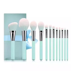 HMU – pinceaux de maquillage professionnels, poils synthétiques bleu clair, Logo personnalisé, ensemble de 12 pièces avec sac