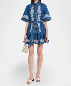 Robe chemise en jean bleu brodée pour femme, robe en jean à volants, tenue de tous les jours, robe en jean à boutons - Product Image 4