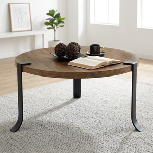 Mesa de centro de madera redonda de alta calidad de latón AK con soporte de pilar de Metal acabado negro para muebles de balcón/muebles de habitación - Product Image 2