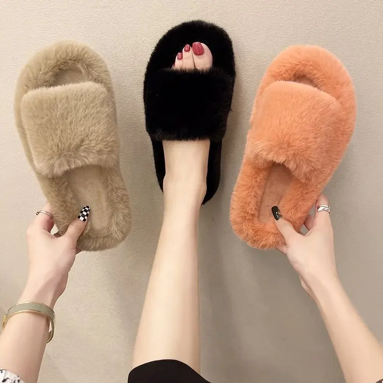 Cheap Wholesale Luxury Bunny Furry Ladies Faux Fur Slider Wholesale Women Flat Slippers Plush Pink Indoor Fur slides