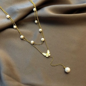 Collar de Perlas y Mariposas en Acero Inoxidable Chapado en Oro de 18K para Mujer, Modelo XL016, Lujoso, Resistente al Agua y al Deslustre - Product Image 4