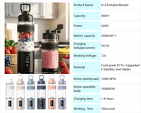 Frullatore Portatile per Smoothie, Tazza per Frutta 600ML, Mini Mixer Wireless 6000mAh, 6 Lame, Frullatori LED per Escursioni e Campeggio, Certificato CE FCC