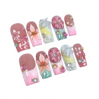 Nouvelles Faux Ongles Carrés Réutilisables en PMMA avec Estampage Or, Motif Fleur 3D et Perles, pour Femme – Tailles XS, S, M, L – Collection Printemps-Été