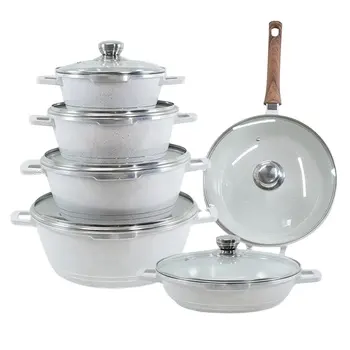 Popular 10 pcs Oyster White Pots And Pans Non-stick Cookware Set Aluminum Marble Coated Pan with Cover
