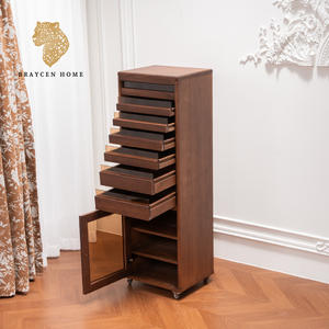 <span class=keywords><strong>Armoire</strong></span> de rangement étroite et haute en bois massif vintage avec roulettes et porte <span class=keywords><strong>vitrée</strong></span>, finition noyer, meuble à chaussures mobile pour la maison ou le bureau - Product Image 3