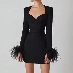 Vestido bodycon feminino elegante de alta qualidade, mini-vestido de manga comprida, mini-cocktail, para mulheres, vestido formal preto, com penas e babados, ideal para mulheres