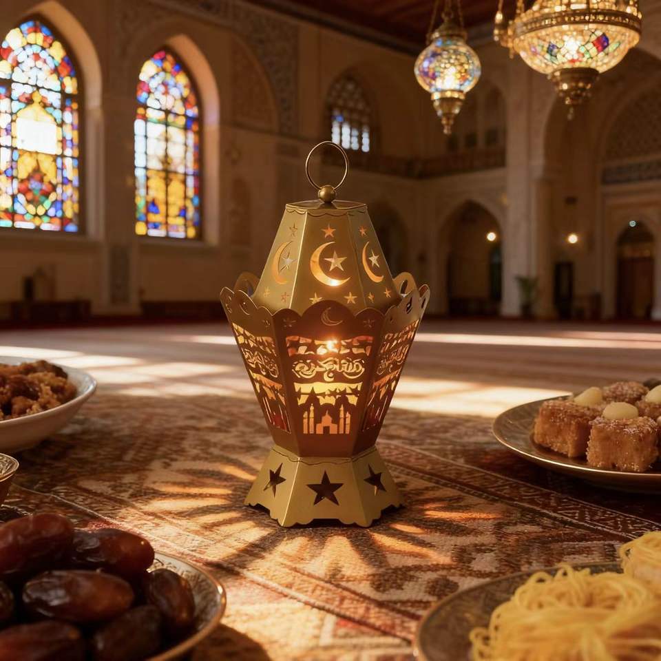 Ramadan Gold Metal Traditional Hollowed Lantern Islamic Crescent Moon ...