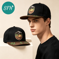 Casquette en sergé bicolore avec logo personnalisé, patch imprimé motif aventure en montagne, visière réglable pour l'extérieur, casquette snapback ajustable