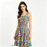 Robe Courte Femme Personnalisée à Motif Skater, Sans Manches, Col Rond, Coupe Évasée, Mini-Robe Trapèze avec Poches, Teal Abstrait à Pois