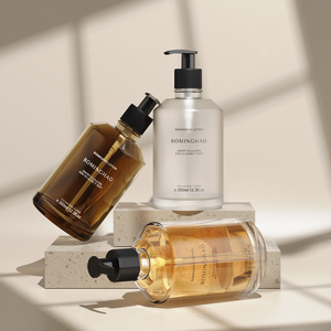 Nhãn hiệu riêng sang trọng hữu cơ 350ml mỹ phẩm Chai thủy tinh cổ điển hổ phách Vòng thủy tinh Lotion chai dầu gội đầu với bơm - Product Image 1