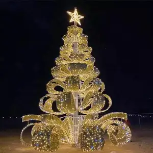 आउटडोर क्रिसमस की सजावट आउटडोर एलईडी रोशनी प्रबुद्ध धातु आकृति प्रकाश 20ft रिबन सोने चांदी क्रिसमस पेड़ का नेतृत्व किया
