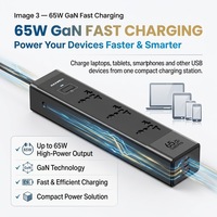 Regleta de Enchufes Universal Global con 3 Tomas de CA 110V-240V, Adaptador de Viaje de 65W GaN con Carga Rápida y 3 Puertos USB para Laptop, Teléfono, Tablet y Oficina