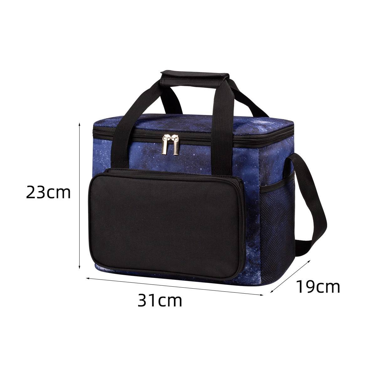 Color-blocked insulated front pocket bag with starry sky and black accents