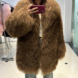 <span class=keywords><strong>Abrigo</strong></span> de piel de oveja de camello para mujer con cuello Natural Lady Real <span class=keywords><strong>abrigo</strong></span> de piel de oveja 2024 invierno cálido Natural Mongolia tela de piel - Product Image 3