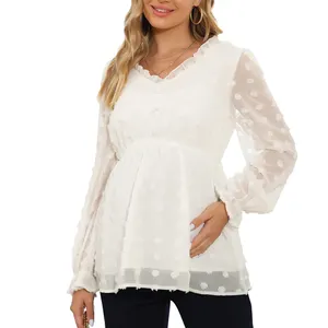Hauts de maternité personnalisés à pois suisses pour femmes, manches longues, col en V, haut transparent sexy, chemisier en mousseline de soie à pompons en dentelle - Product Image 1