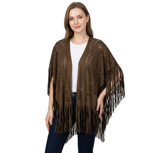 <b>Women's</b> Brown Suede Fringe Shawl <b>Poncho</b> Hollow Out Tassel Cape Bohemian Scarf Long Style for Daily Wear - Product Image 1