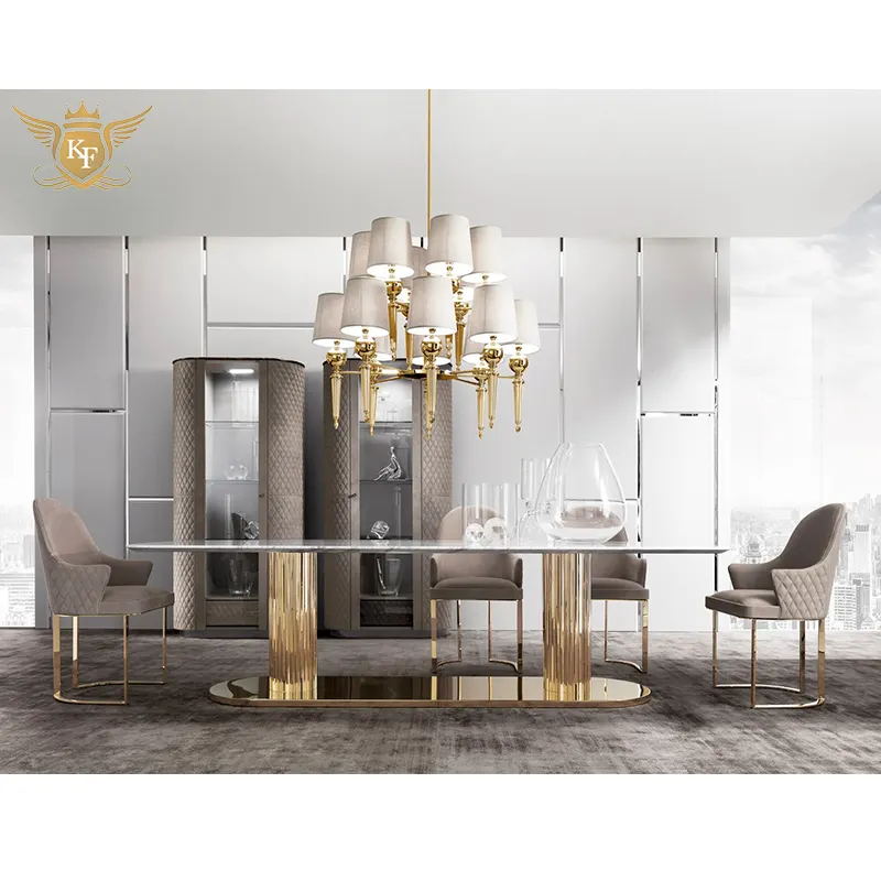 KF CASA Möbel 6 12 Sitz Esstisch Luxus Design Esszimmer Suite Gold Edelstahl Marmor Tisch Esstisch Set