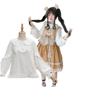 Pure 100% Cotton Pullover Loose Puff Sleeves Wave Stringy Selvedge White Cute Doll Colar Lolita Inner Shirt Blouse