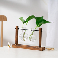 Vase en verre transparent pour plantes hydroponiques personnalisé avec support en bois, station de propagation