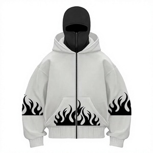 Sudadera con Capucha y Cremallera para Hombre, Blanca, Talla Grande, con Estampado de Llamas Negras, Bolsillo Delantero, Manga Regular, Tejido de Felpa, 100% Algodón - Product Image 1