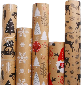 Rouleau de papier kraft de Noël personnalisé avec des arbres, des flocons de neige, des rennes, des gnomes, des voitures, 100 g/m², papier d'emballage cadeau recyclable - Product Image 1