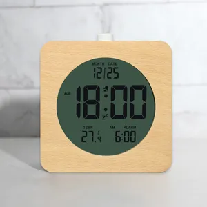 Multi-Function Office Desktop Table Digital LCD Alarm Wooden Clock with Back light for Desk