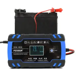 FOXSUR Car Battery Charger 12V 8A 24V 4A Touch Screen Pulse Repair LCD Fast Power Charging Wet Dry Lead Acid Digital LCD Display