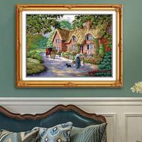 Kit de Broderie Point de Croix DIY Paysage Pastoral Maison de Campagne pour Débutants Adultes Décoration