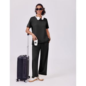 Ensemble 2 pièces pour femmes FOXA, haut à manches courtes, pantalon large, tenue décontractée d'été, ensemble de survêtement en tricot respirant - Product Image 5