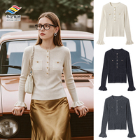 Pull en maille côtelée élégant pour femme en mélange de laine, style Old Money, avec poignets évasés, fausse poche, coupe ajustée, haut en maille pour femme, logo personnalisé