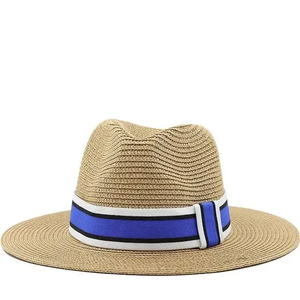 Unisex Panama <b>Hat</b> White <b>Straw</b> Fedora With Blue Striped Band Beach Summer Accessory - Product Image 2