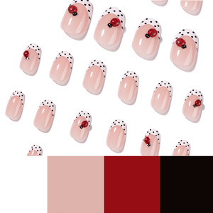 <span class=keywords><strong>Uñas</strong></span> Postizas <span class=keywords><strong>Cortas</strong></span> Almendradas Color Nude <span class=keywords><strong>con</strong></span> Punta Francesa Blanca y Puntos Negros, Reutilizables para Mujeres, Venta al Por Mayor - Product Image 5