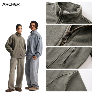 Ensemble de survêtement unisexe vintage délavé 2 pièces avec veste zippée à col montant et sweat à capuche oversize <span class=keywords><strong>pour</strong></span> homme - Product Image 3