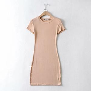 Sac à manches courtes pour femme, vêtements d'été tendance, couleur pure, mode féminine, col rond, slim et décontractée, hanche, robe courte - Product Image 2