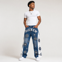 DiZNEW Jeans personnalisés pour hommes, streetwear, entièrement ornés de strass, avec motif boussole, coupe ample, jambe large, denim, pantalon clouté de cristaux