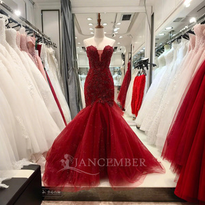 Jancember ANY18 Vintage rojo sin tirantes sirena tul tela vestidos de fiesta de noche - Product Image 2