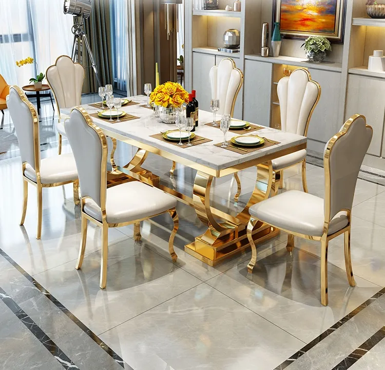 Mesa de comedor moderna de lujo para el hogar, mueble superior de mármol de acero inoxidable dorado, 6-8 asientos