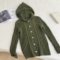 Ästhetischer Kapuzen-Strickpullover mit Knöpfen für Damen, Winter 2025 Neu, Langarm, Slim Fit, V-Ausschnitt, Strickware
